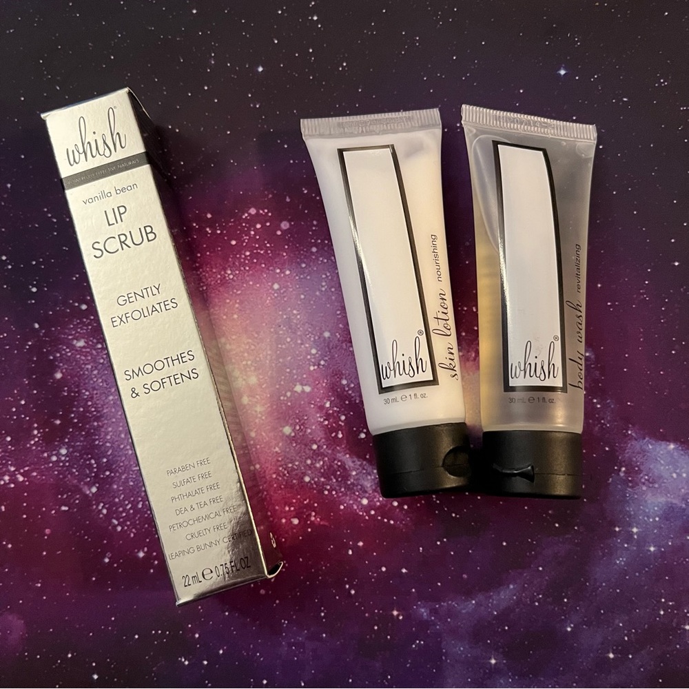 Whish Lip Scrub in Vanilla Bean & travel skin lotion and body wash